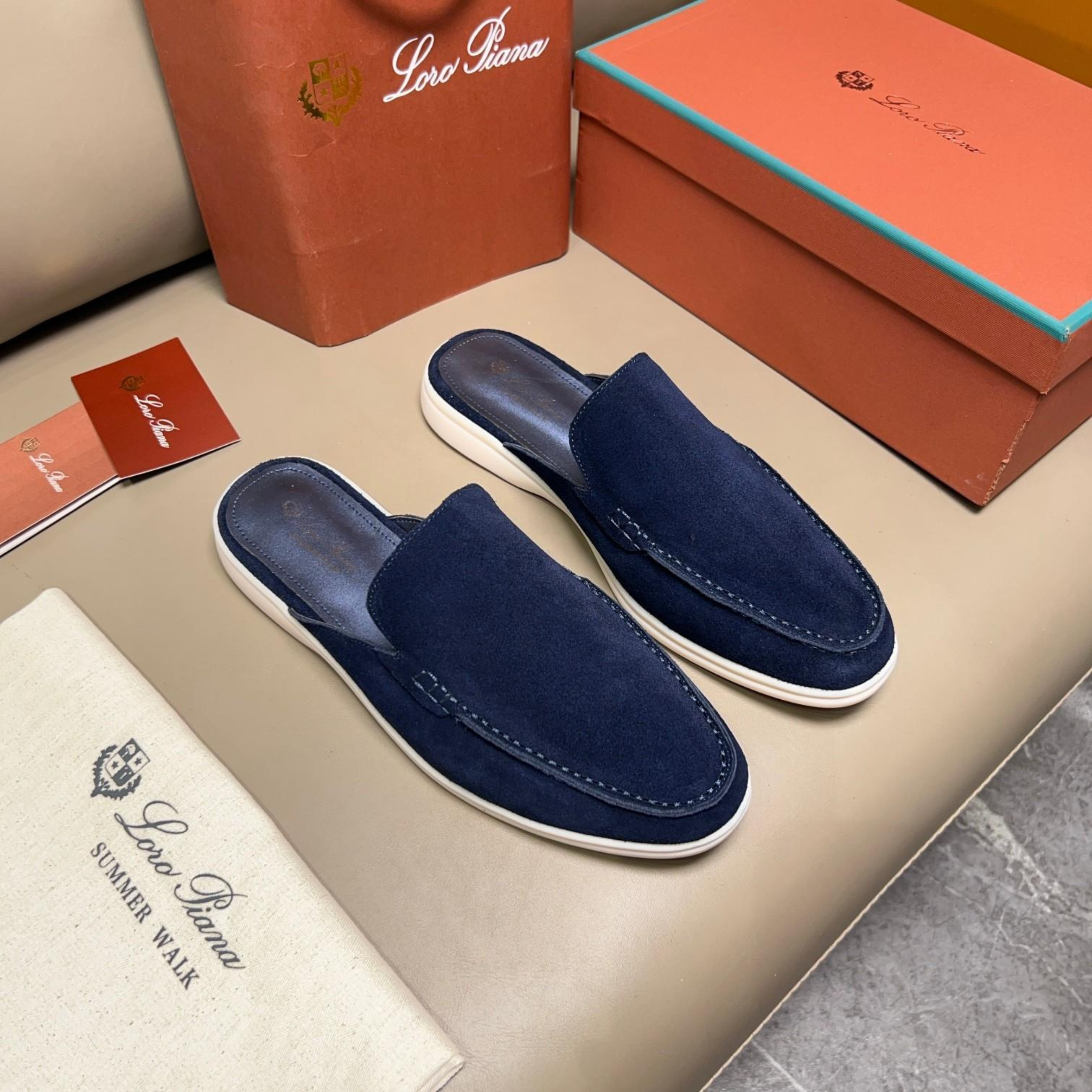 Loro Piana Babouche Walk Suede Slippers - Racing Blue (003)