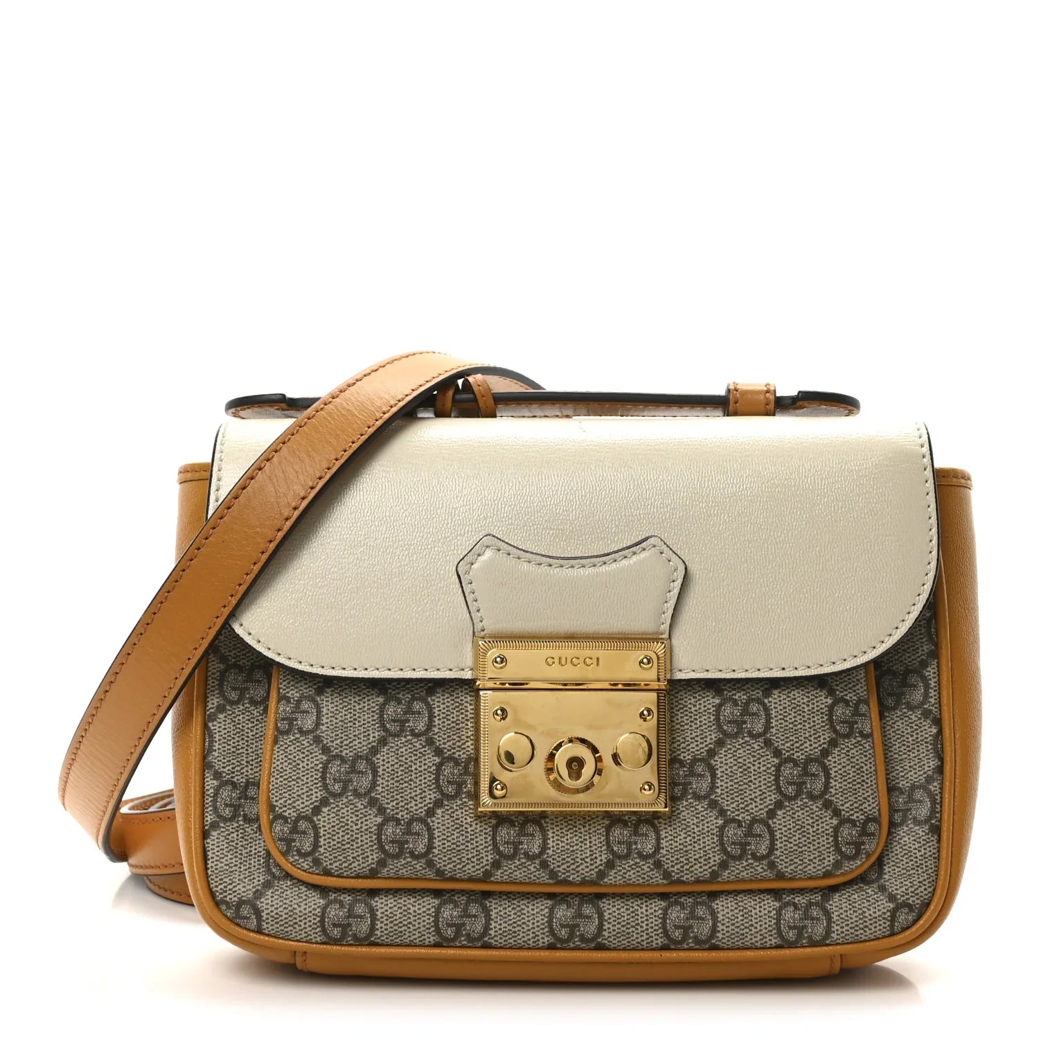 Gucci GG Supreme Padlock Front Pocket Flap Shoulder Bag – Beige