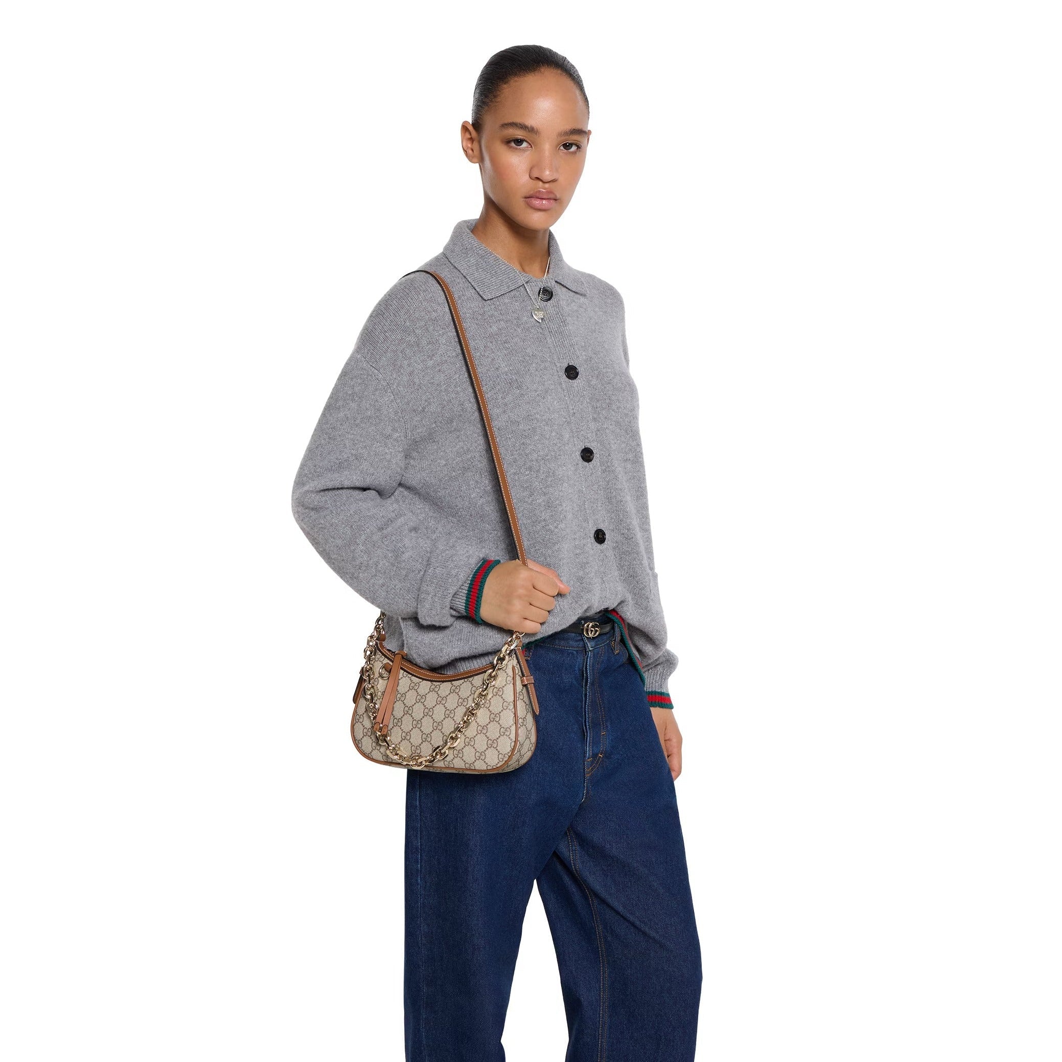 Gucci GG Emblem Small Shoulder Bag – Beige/Dark Brown