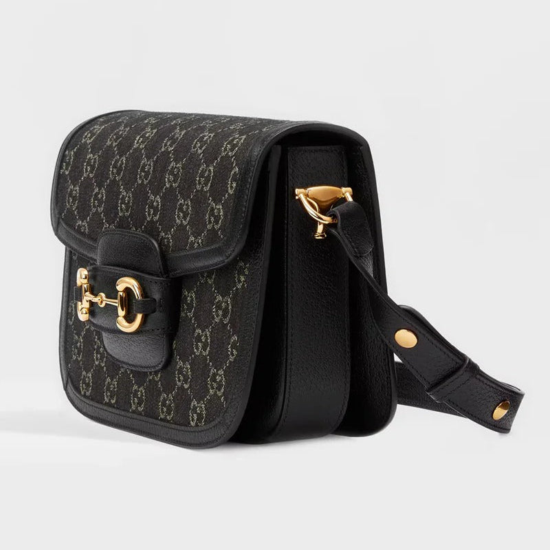 Gucci Horsebit 1955 GG Small Denim Shoulder Bag – Black