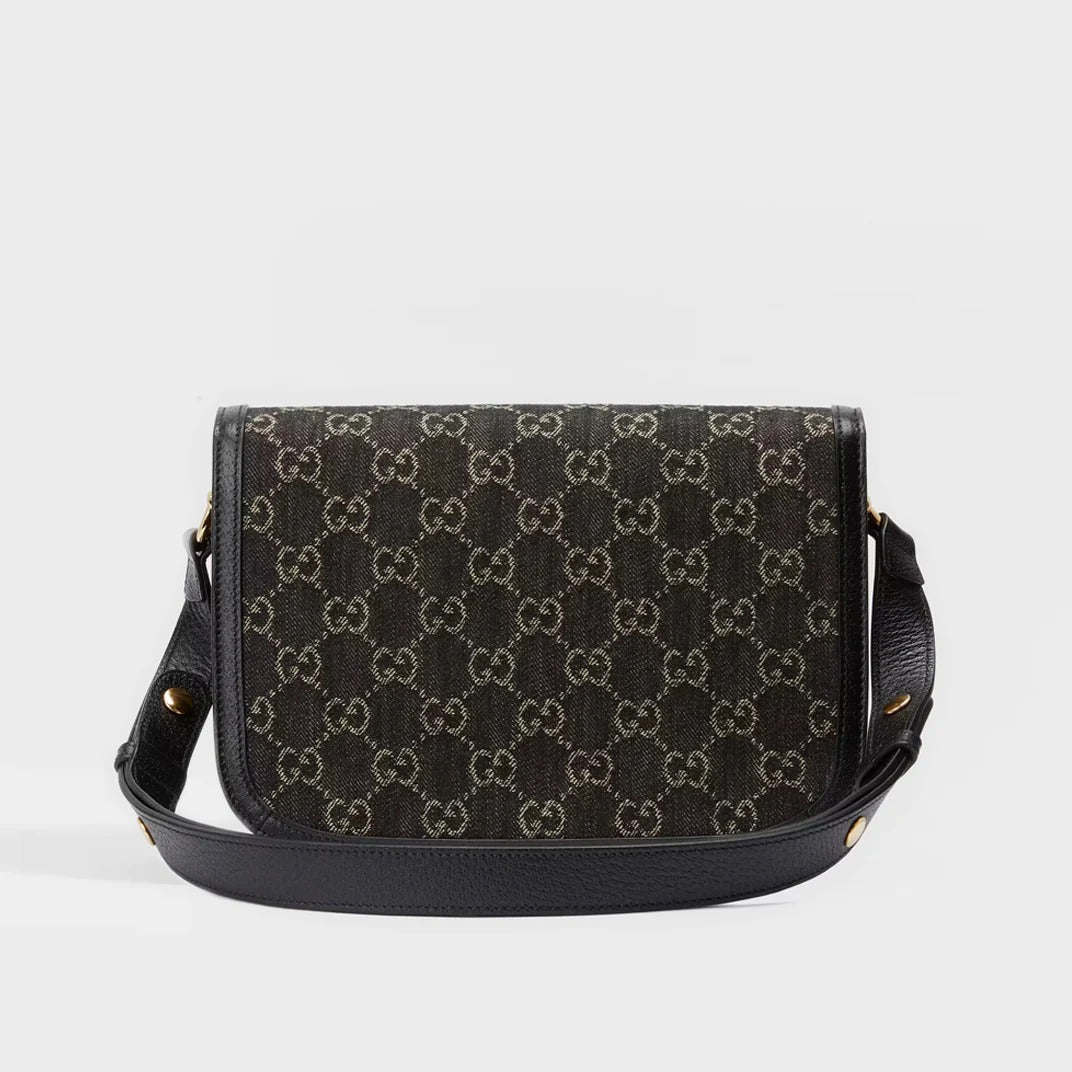 Gucci Horsebit 1955 GG Small Denim Shoulder Bag – Black