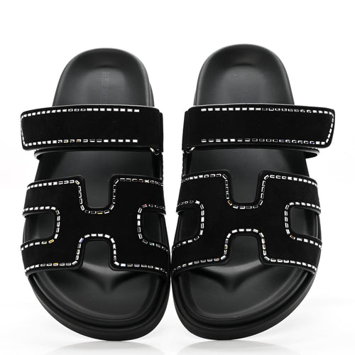 Hermes Chypre Suede Crystals Sandals - Black