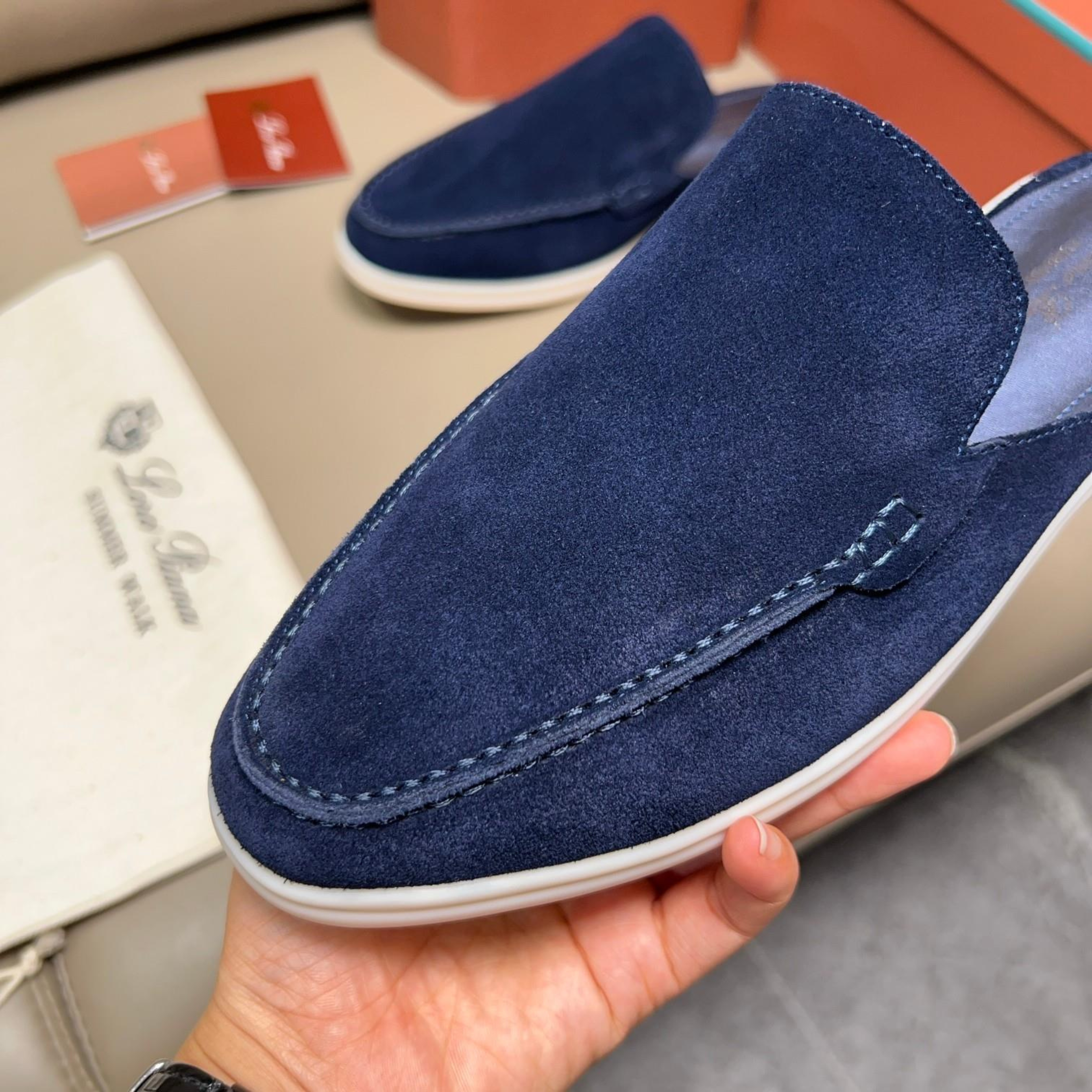 Loro Piana Babouche Walk Suede Slippers - Racing Blue (003)