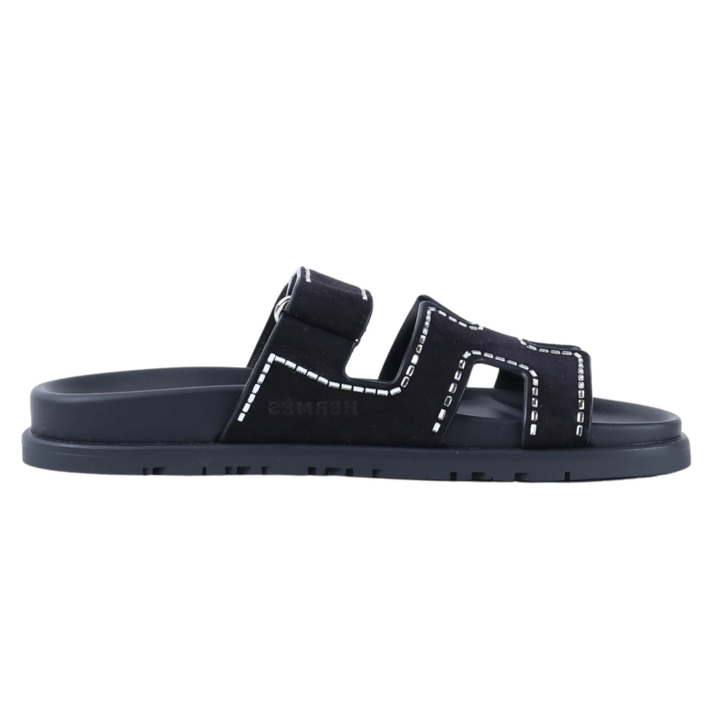 Hermes Chypre Suede Crystals Sandals - Black