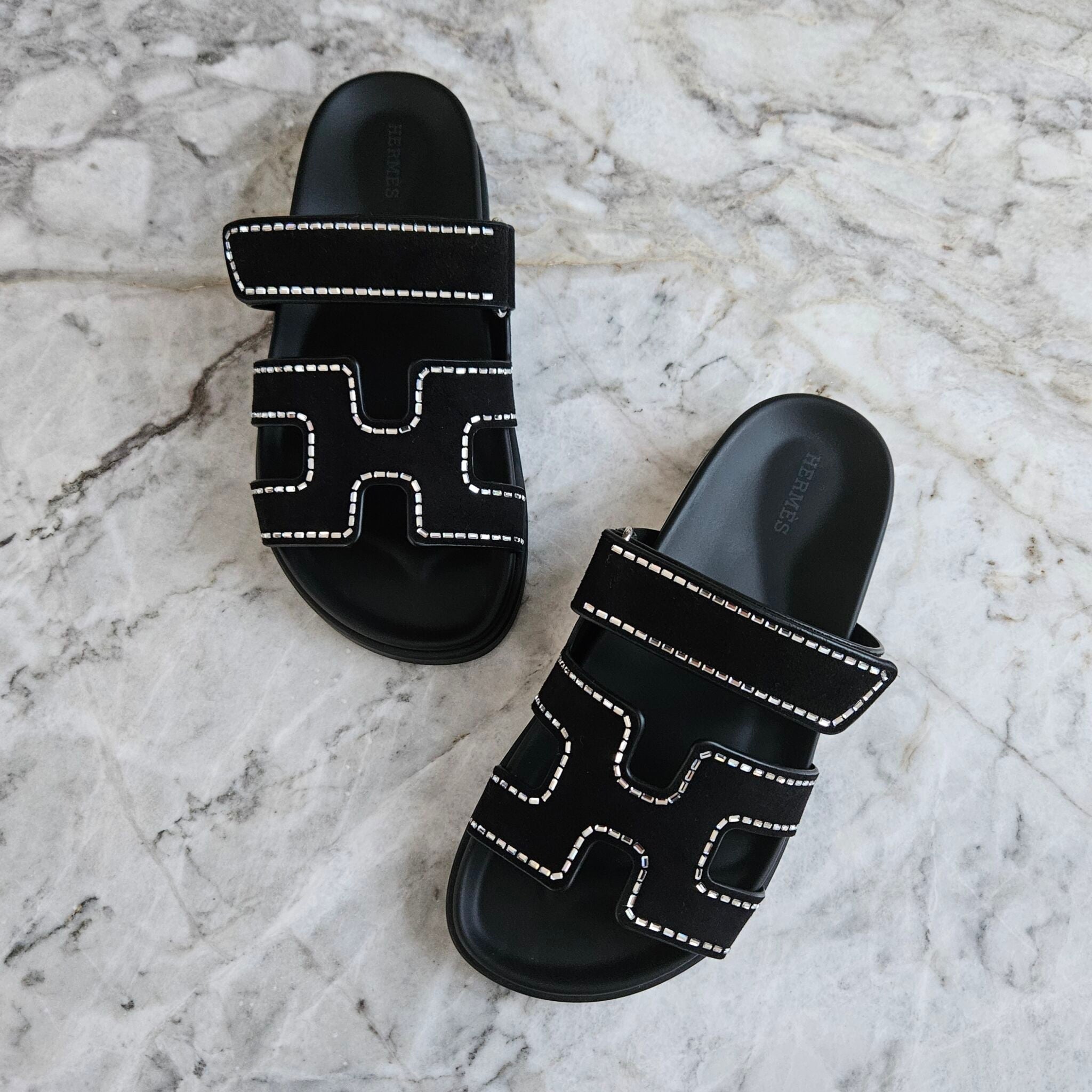 Hermes Chypre Suede Crystals Sandals - Black