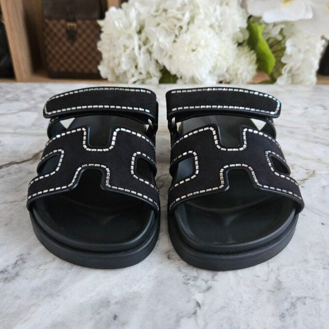 Hermes Chypre Suede Crystals Sandals - Black