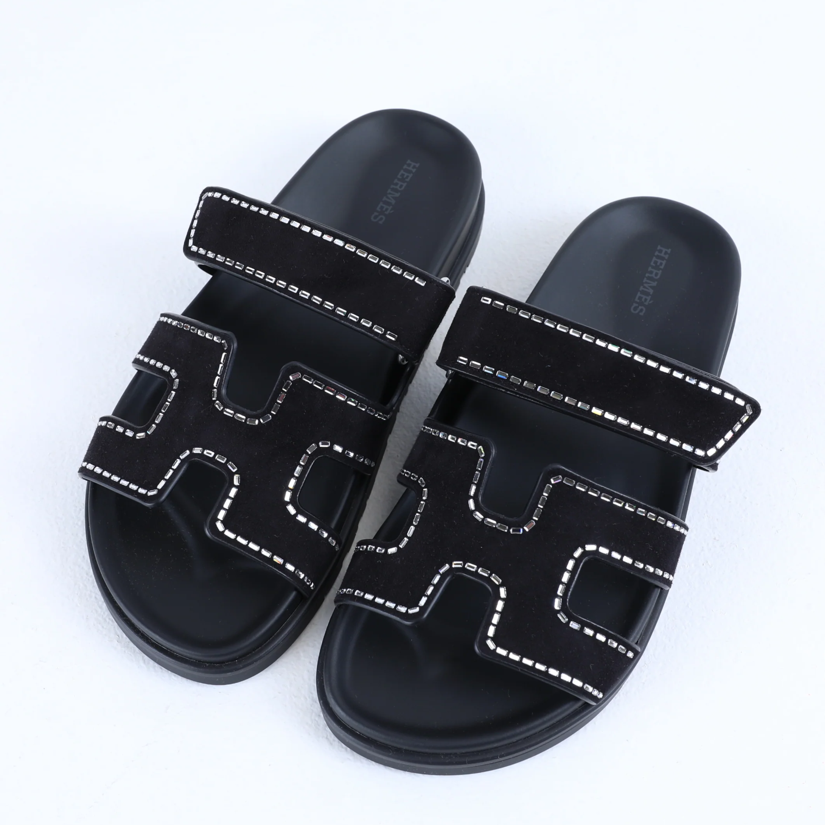 Hermes Chypre Suede Crystals Sandals - Black