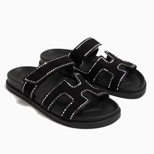 Hermes Chypre Suede Crystals Sandals - Black
