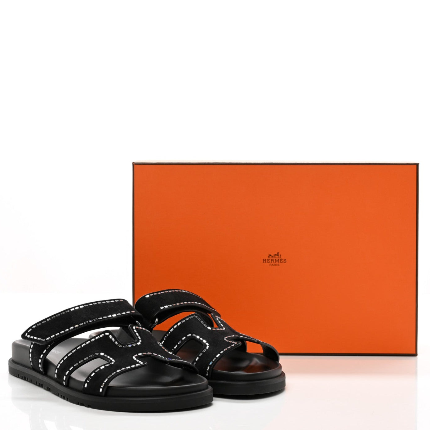 Hermes Chypre Suede Crystals Sandals - Black