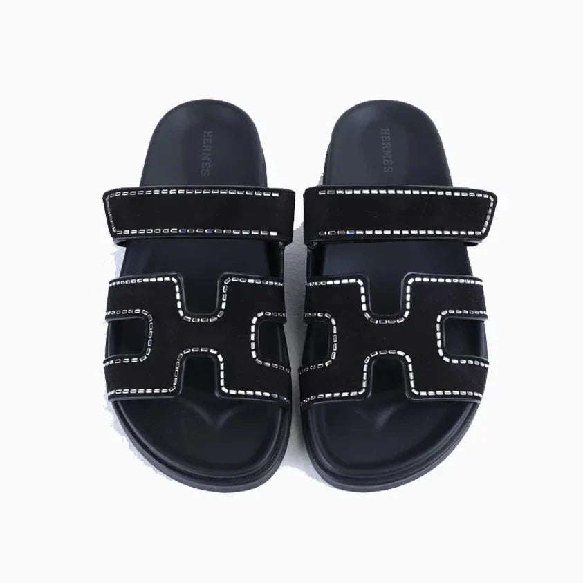 Hermes Chypre Suede Crystals Sandals - Black