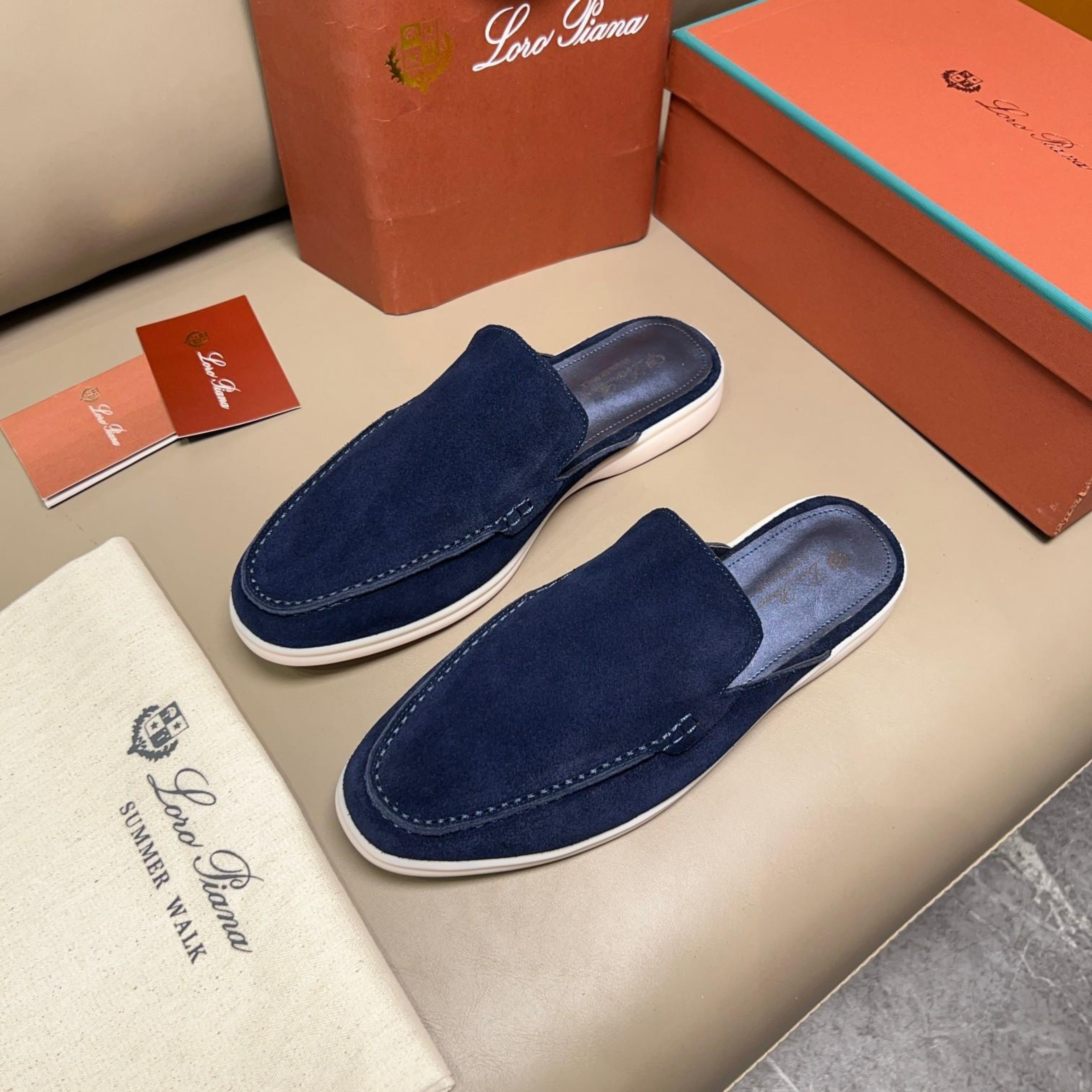 Loro Piana Babouche Walk Suede Slippers - Racing Blue (003)