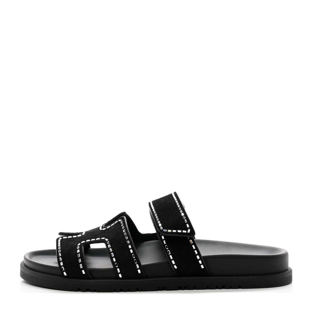 Hermes Chypre Suede Crystals Sandals - Black